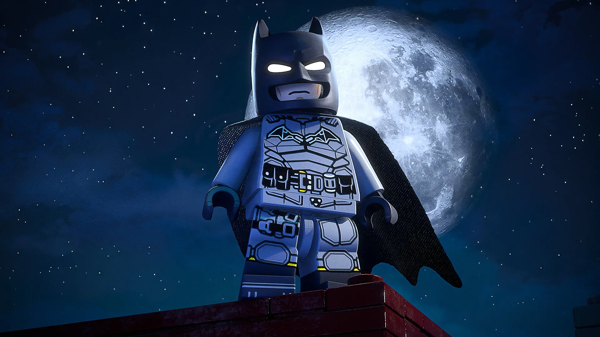 LEGO Batman: Legacy of the Dark Knight — Batman in his armored Dark Knight suit on a Gotham rooftop under a full moon