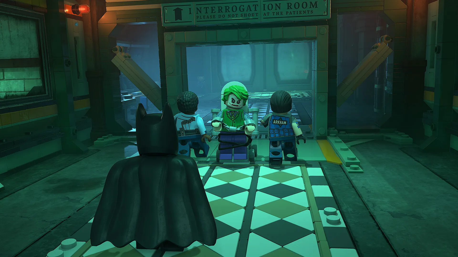 The Riddler, a Chapter 1 villain in LEGO Batman: Legacy of the Dark Knight, interrogated by Batman at Arkham